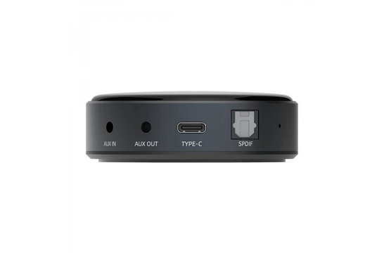 Product Image of the connections on a WiiM Mini Music Streamer featuring AUX in, AUX out, USB C Power and Optical Out.