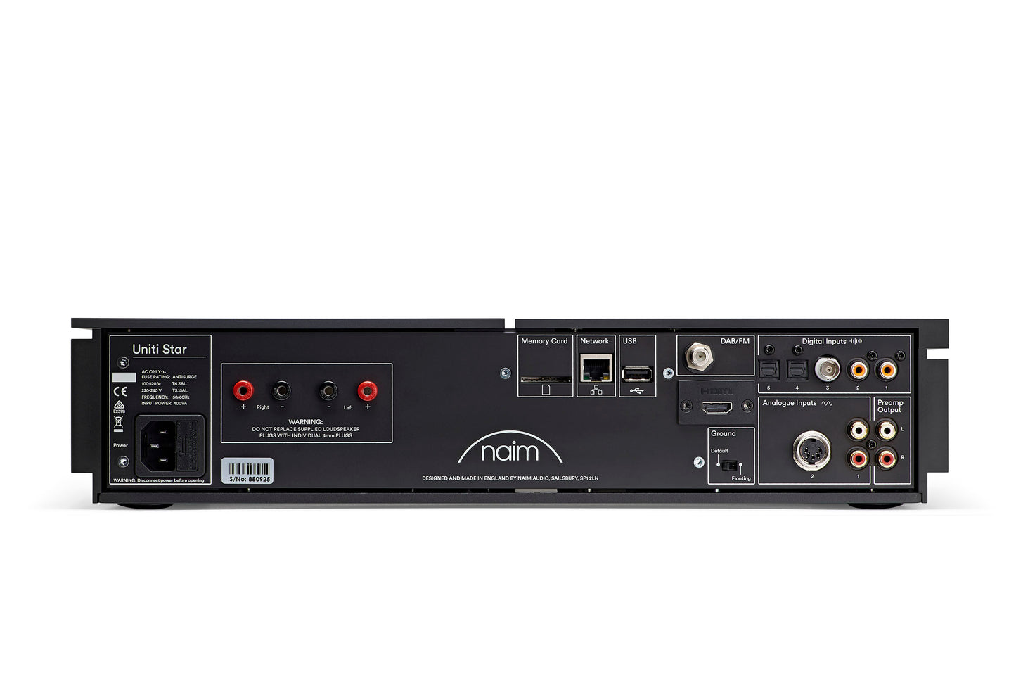 Product image of the rear panel of a Naim Uniti Star All-In-One CD Player and Amplifier.