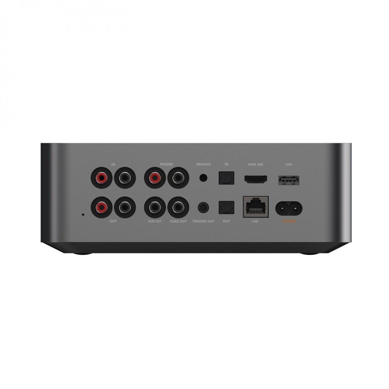 Product Image of the rear panel of a WiiM Ultra Music Streamer featuring an RCA Input, RCA Output, Phono Input, Sub output, Coaxial output, Optical Input, Optical Output, HDMI Input, Ethernet / LAN poert, USB poert and power socket.