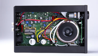 A product image of the inside of the Rega io integrated amplifier.