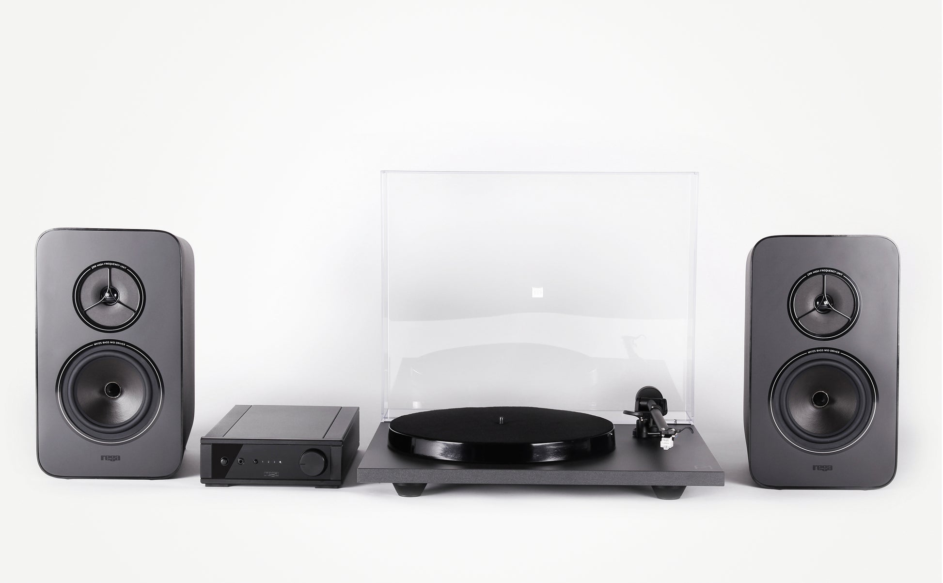 Product Image of a Rega System One turntable package featuring a Rega Planar 1 turntable, Rega io Integrated Amplifier and a pair of Rega Kyte Speakers.