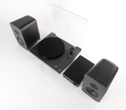 Product Image of a Rega System One turntable package featuring a Rega Planar 1 turntable, Rega io Integrated Amplifier and a pair of Rega Kyte Speakers.