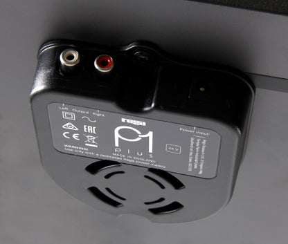 Product image for the rear of a Rega Planar 1 Plus turntable in Matt Black finish showing the RCA output sockets and power socket.