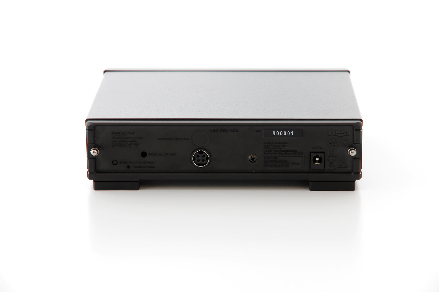 Product image of the rear panel of a Rega Neo Mk2 Turntable Power Supply showing the power input socket and DIN power output socket.