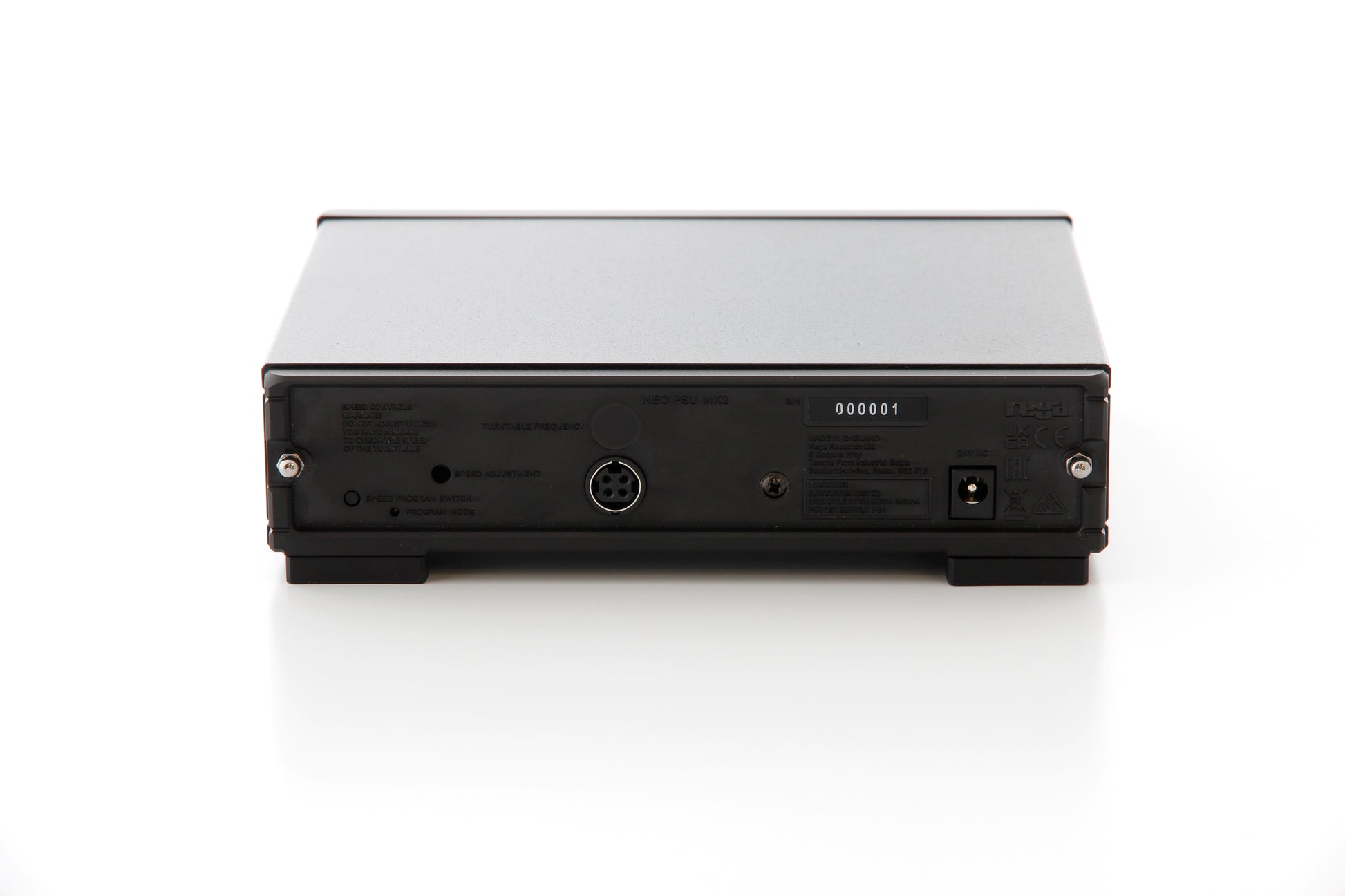 Product image of the rear panel of a Rega Neo Mk2 Turntable Power Supply showing the power input socket and DIN power output socket.