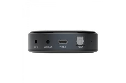 Product Image of the connections on a WiiM Mini Music Streamer featuring AUX in, AUX out, USB C Power and Optical Out.