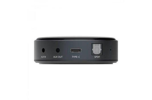 Product Image of the connections on a WiiM Mini Music Streamer featuring AUX in, AUX out, USB C Power and Optical Out.