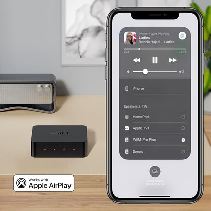 Product image of a WiiM Pro Plus and an iPhone on the right showing Apple AirPlay