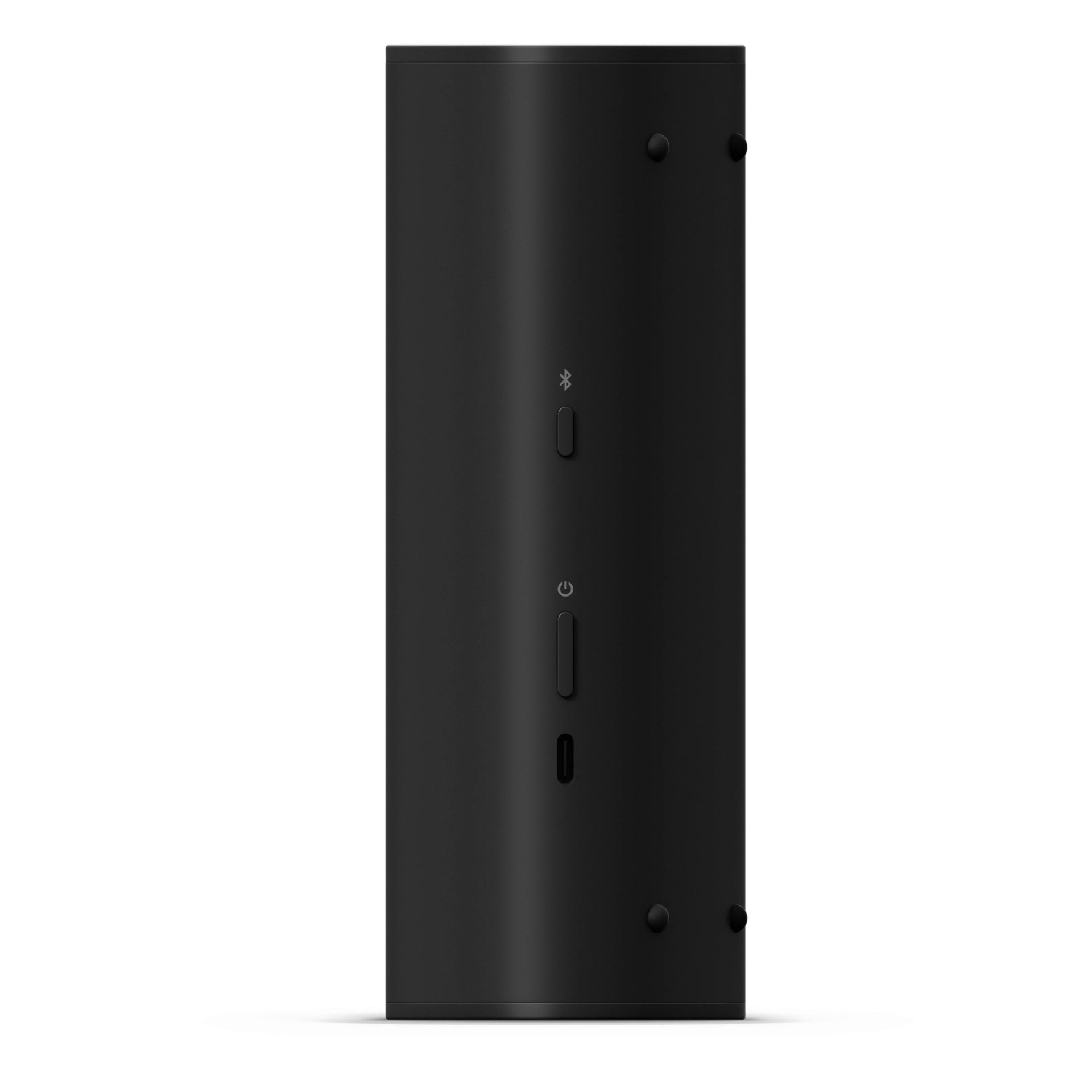 Product image of the buttons and usb c port on a Sonos Roam portable speaker in black.