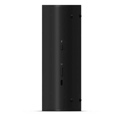 Product image of the buttons and usb c port on a Sonos Roam portable speaker in black.