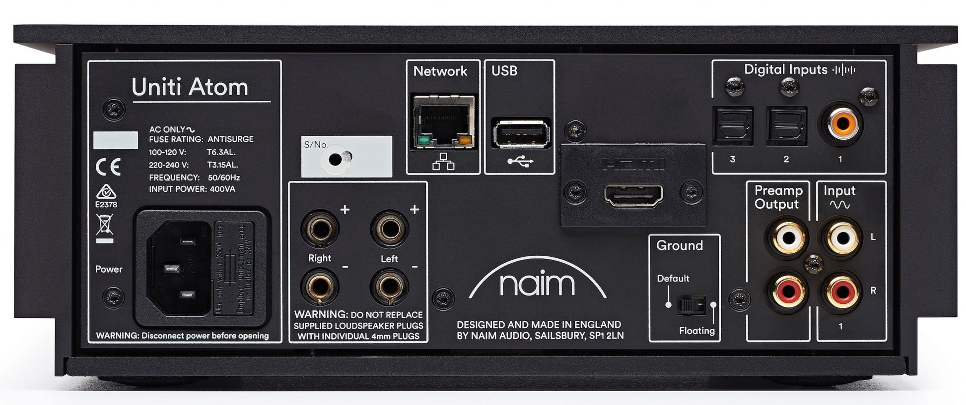 Product image of the rear of a Naim Uniti Atom Streaming Amplifier.