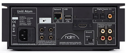 Product image of the rear of a Naim Uniti Atom Streaming Amplifier.