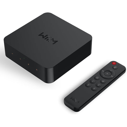 Product image of a WiiM Pro Plus with its remote control.