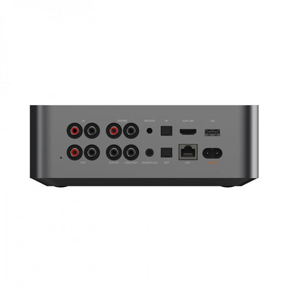 Product Image of the rear panel of a WiiM Ultra Music Streamer featuring an RCA Input, RCA Output, Phono Input, Sub output, Coaxial output, Optical Input, Optical Output, HDMI Input, Ethernet / LAN poert, USB poert and power socket.